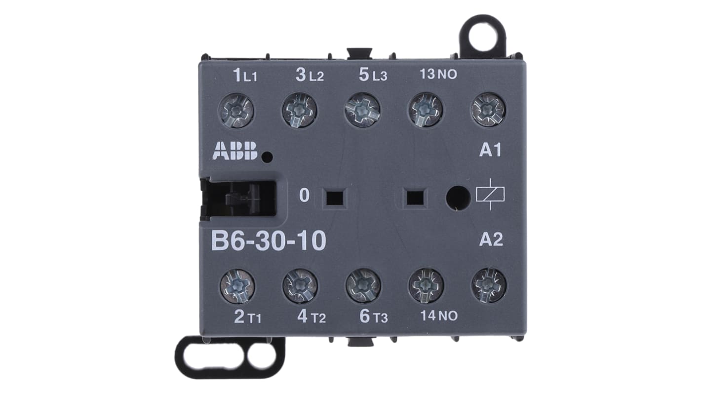 Contattore ABB GJL1211001R8100, 3 poli, 9 A, bobina 230 V, montaggio su guida DIN, dimensioni 46,5 x 52,5 x 57,5 mm.