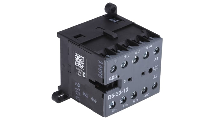 Contattore ABB GJL1211001R8100, 3 poli, 9 A, bobina 230 V, montaggio su guida DIN, dimensioni 46,5 x 52,5 x 57,5 mm.