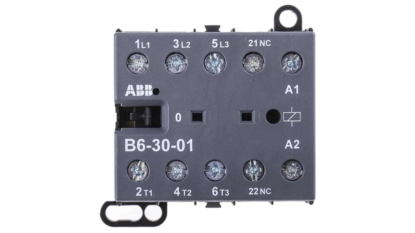 Contattore ABB B6-30-01-80, 3 poli, 20 A, 690 V c.a., montaggio su guida DIN, dimensioni 57.5 x 52.5 x 46.5 mm.