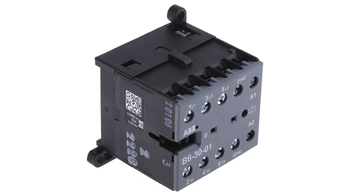 Contattore ABB B6-30-01-80, 3 poli, 20 A, 690 V c.a., montaggio su guida DIN, dimensioni 57.5 x 52.5 x 46.5 mm.