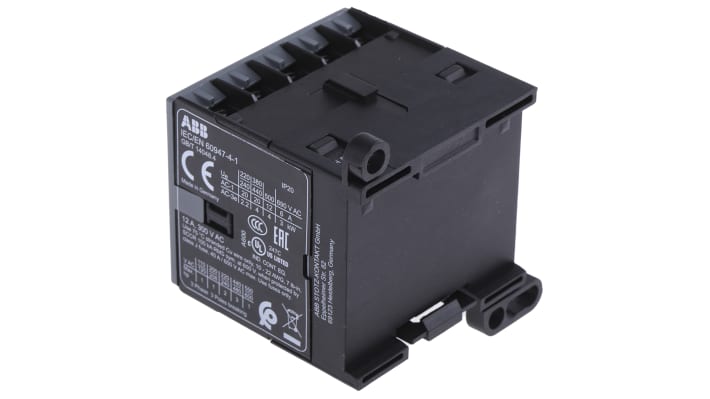 Contattore ABB B6-30-01-80, 3 poli, 20 A, 690 V c.a., montaggio su guida DIN, dimensioni 57.5 x 52.5 x 46.5 mm.