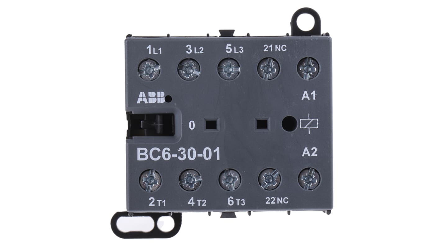 Contattore ABB BC6-30-01-01, 3 poli, 20 A, montaggio su guida DIN, dimensioni 57,5 x 52,5 x 46,5 mm.