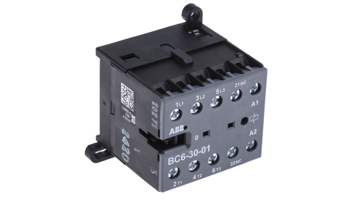 Contattore ABB BC6-30-01-01, 3 poli, 20 A, montaggio su guida DIN, dimensioni 57,5 x 52,5 x 46,5 mm.