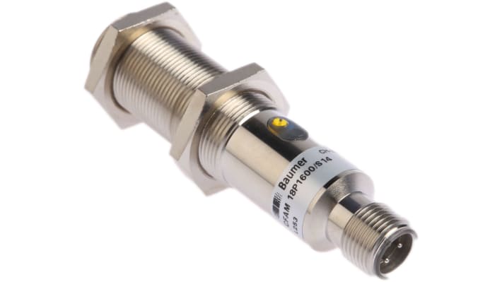 Sensore di prossimità cilindrico PNP Baumer CFAM 18P1600/S14, rilevamento 8 mm, alimentazione 10-30 V c.c., connettore M12.