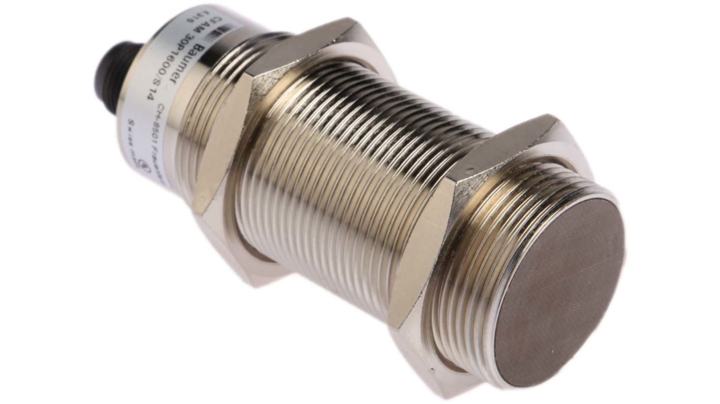Sensore di prossimità cilindrico PNP Baumer CFAM 30P1600/S14, M30 x 1.5, rilevamento fino a 15 mm, IP65.
