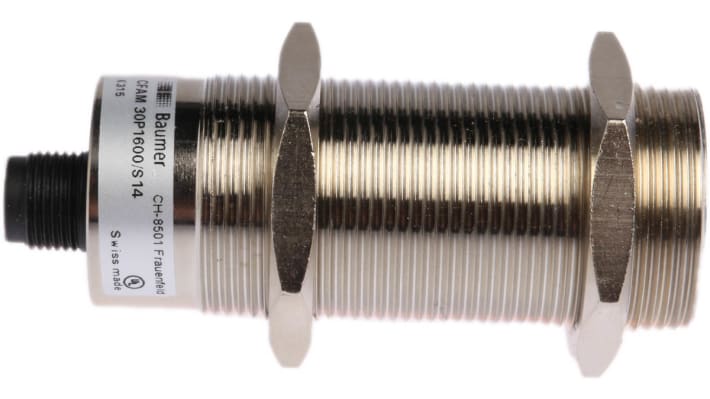 Sensore di prossimità cilindrico PNP Baumer CFAM 30P1600/S14, M30 x 1.5, rilevamento fino a 15 mm, IP65.
