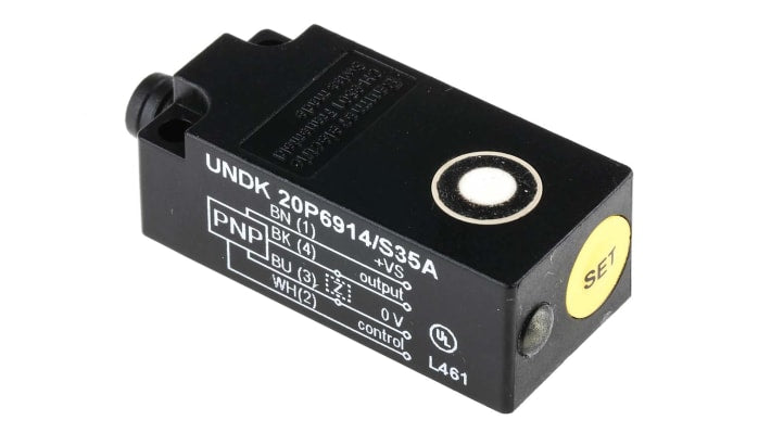 Sensore di prossimità PNP Baumer UNDK 20P6914/S35A, rilevamento 10-200 mm, IP67, dimensioni 42 x 20 x 15 mm.