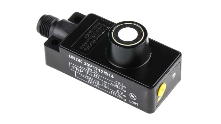 Baumer UNDK 30P1712/S14, sensore di prossimità PNP, rilevamento 60-400 mm, alimentazione 12-30 V c.c., IP67, dimensioni 65 x 30 x 31 mm.