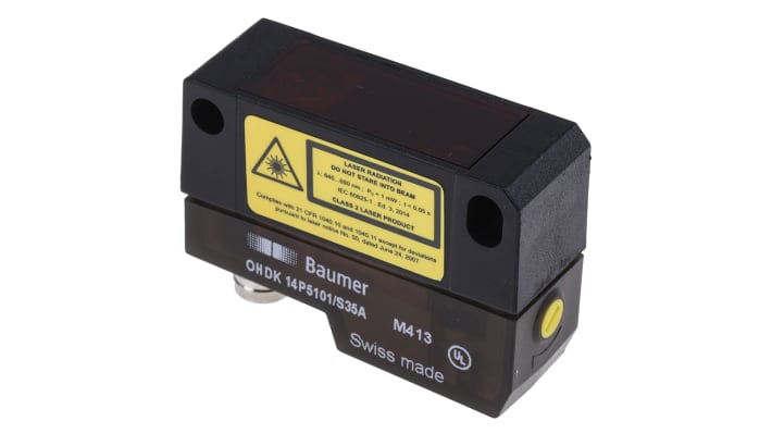Baumer OHDK 14P5101/S35A, sensore fotoelettrico rettangolare a diffusione, rilevamento 20-350 mm, uscita PNP, IP67.