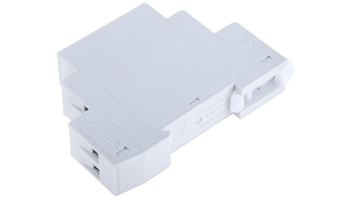 Finder Timer Relay SPDT per guida DIN, intervallo di temporizzazione 0,1s-24h, alimentazione 12-240V, corrente 16A. Dimensioni 17,5mm x 84mm x 60,8mm.