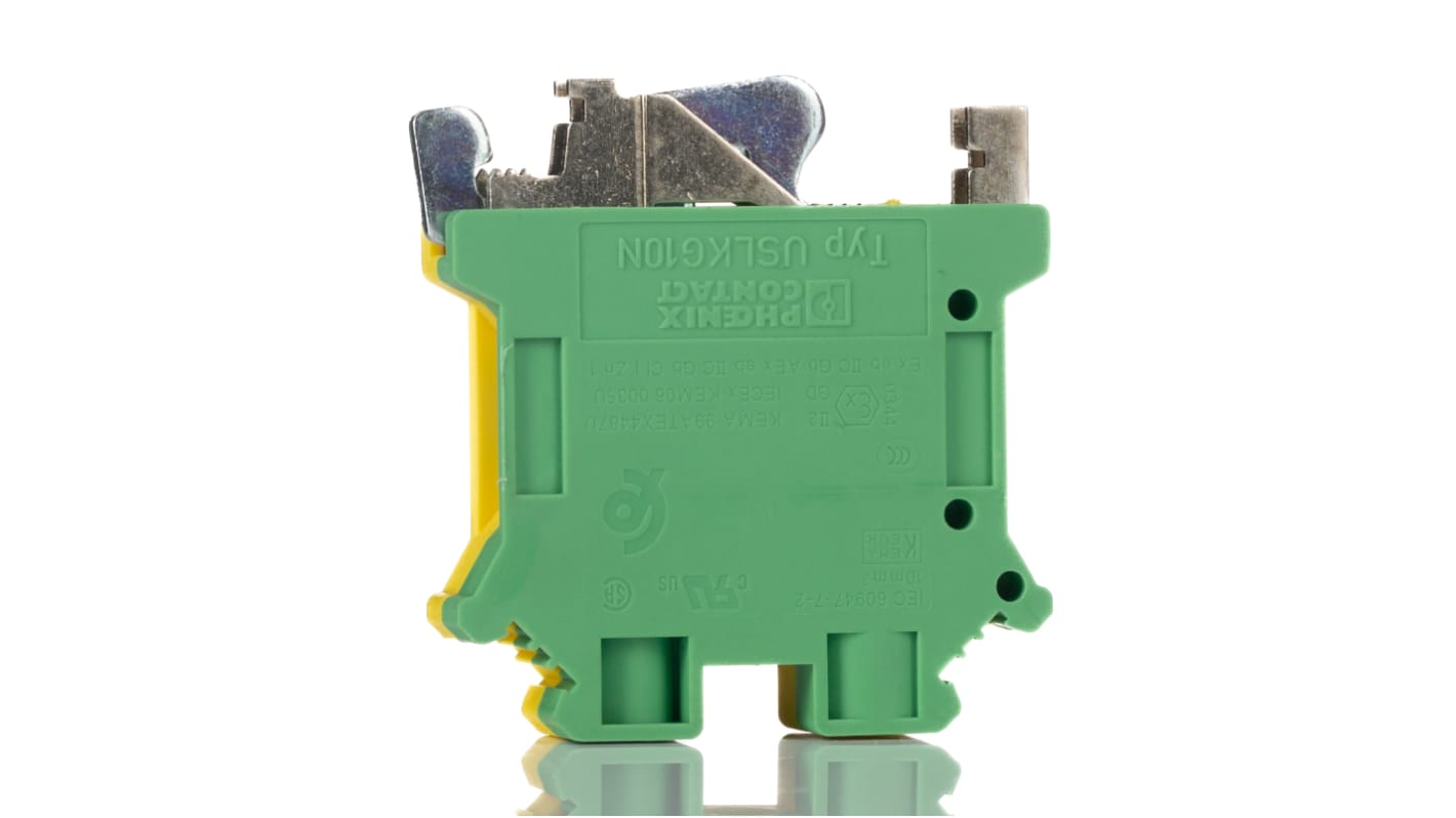 Morsettiera di messa a terra Phoenix Contact 3003923, 2 vie, 76A, compatibile con cavi da 20 a 6 AWG, certificata ATEX. Ideale per proteggere dispositivi sensibili da EMI ed elettricità statica.
