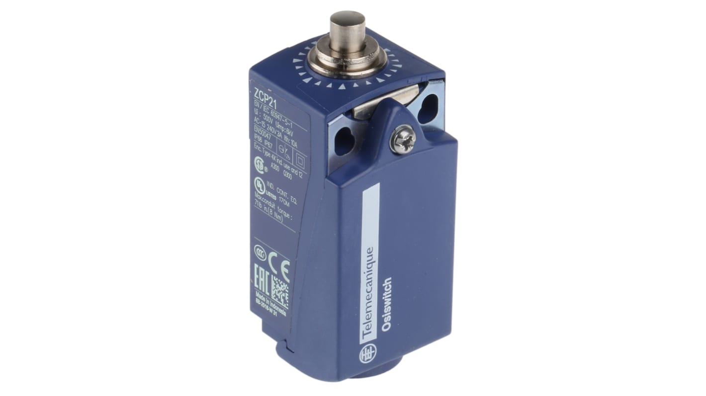 Interruttore di fine corsa Telemecanique Sensors XCKP2110P16, attuatore stantuffo NO/NC, protezione IP66/IP67, dimensioni 65mm x 31mm x 30mm.