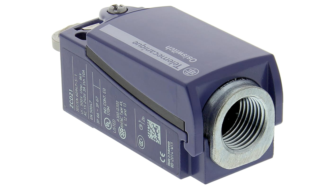 Interruttore di fine corsa Telemecanique Sensors XCKD2102P16, stantuffo NO/NC, corpo in lega di zinco, IP66, dimensioni 31mm x 65mm x 30mm.