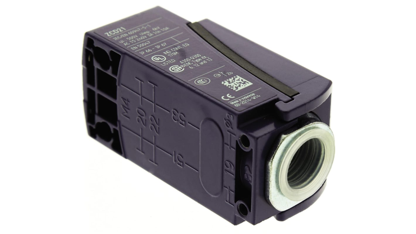 Interruttore di fine corsa Telemecanique Sensors XCKD2110P16, attuatore stantuffo NO/NC, dimensioni 65x31x30mm, grado di protezione IP66.