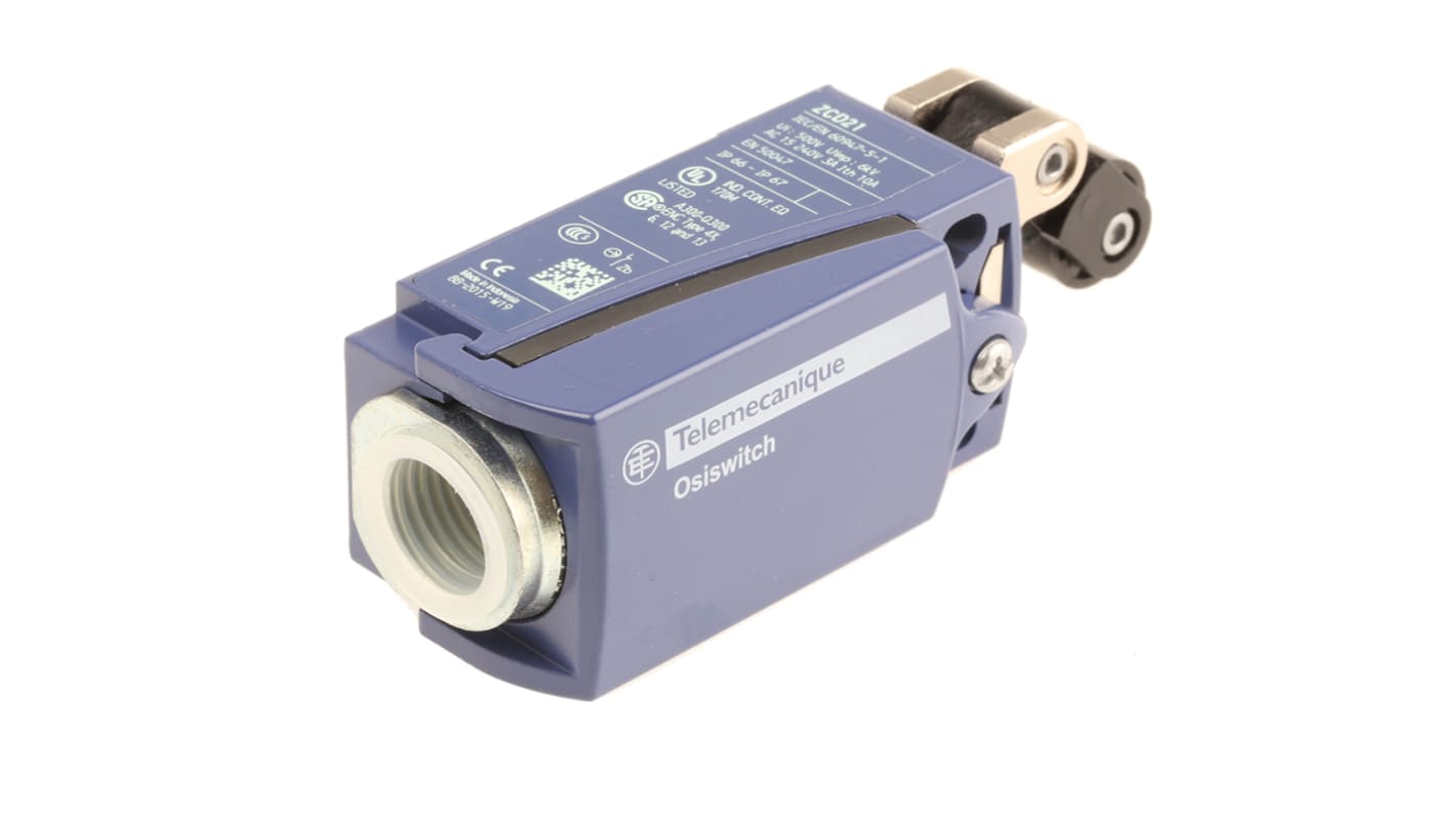 Interruttore di fine corsa Telemecanique Sensors XCKD2121P16, attuatore stantuffo NO/NC, protezione IP66/IP67, dimensioni 73x30x30 mm.