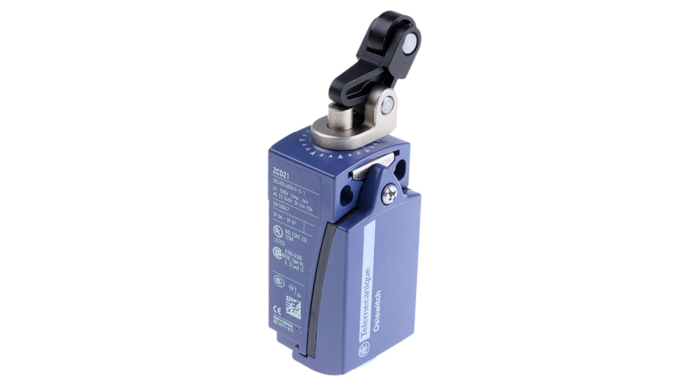 Interruttore di fine corsa Telemecanique Sensors XCKD2127P16, attuatore stantuffo NO/NC, protezione IP66/IP67, dimensioni 73x30x30 mm.