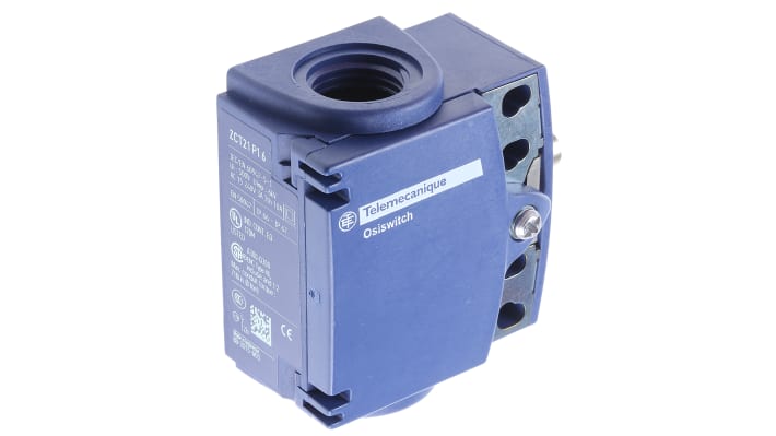 Interruttore di fine corsa Telemecanique Sensors XCKT2110P16, stantuffo NO/NC, 240V, 10A, IP66/IP67, dimensioni 58mm x 51mm x 30mm.