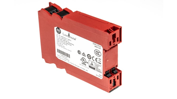 Rockwell Automation 440R-N23117, relè di sicurezza a canale singolo, 24V, 2 contatti normalmente aperti, dimensioni 75x22.5x110 mm.