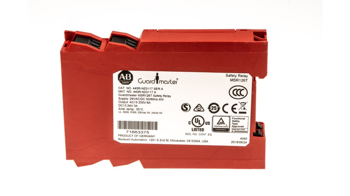 Rockwell Automation 440R-N23117, relè di sicurezza a canale singolo, 24V, 2 contatti normalmente aperti, dimensioni 75x22.5x110 mm.