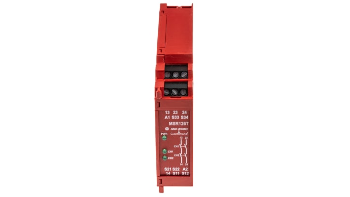 Rockwell Automation 440R-N23117, relè di sicurezza a canale singolo, 24V, 2 contatti normalmente aperti, dimensioni 75x22.5x110 mm.