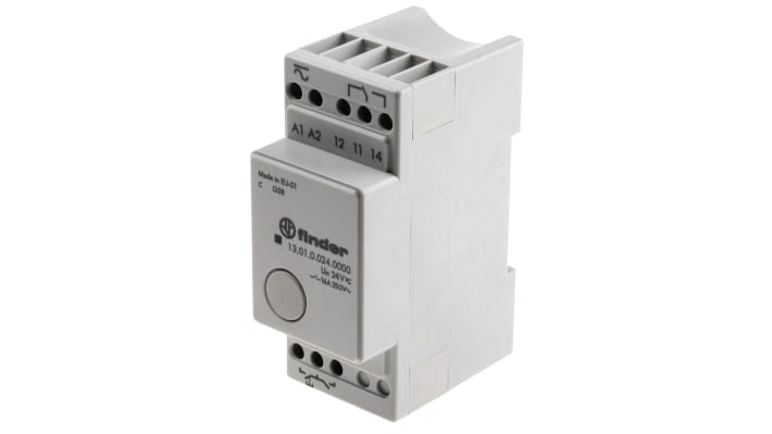 Finder 13.01.0.024.0000, relè di potenza SPDT 24V, montaggio su guida DIN, corrente 16A, dimensioni 35mm x 54.6mm x 84mm.