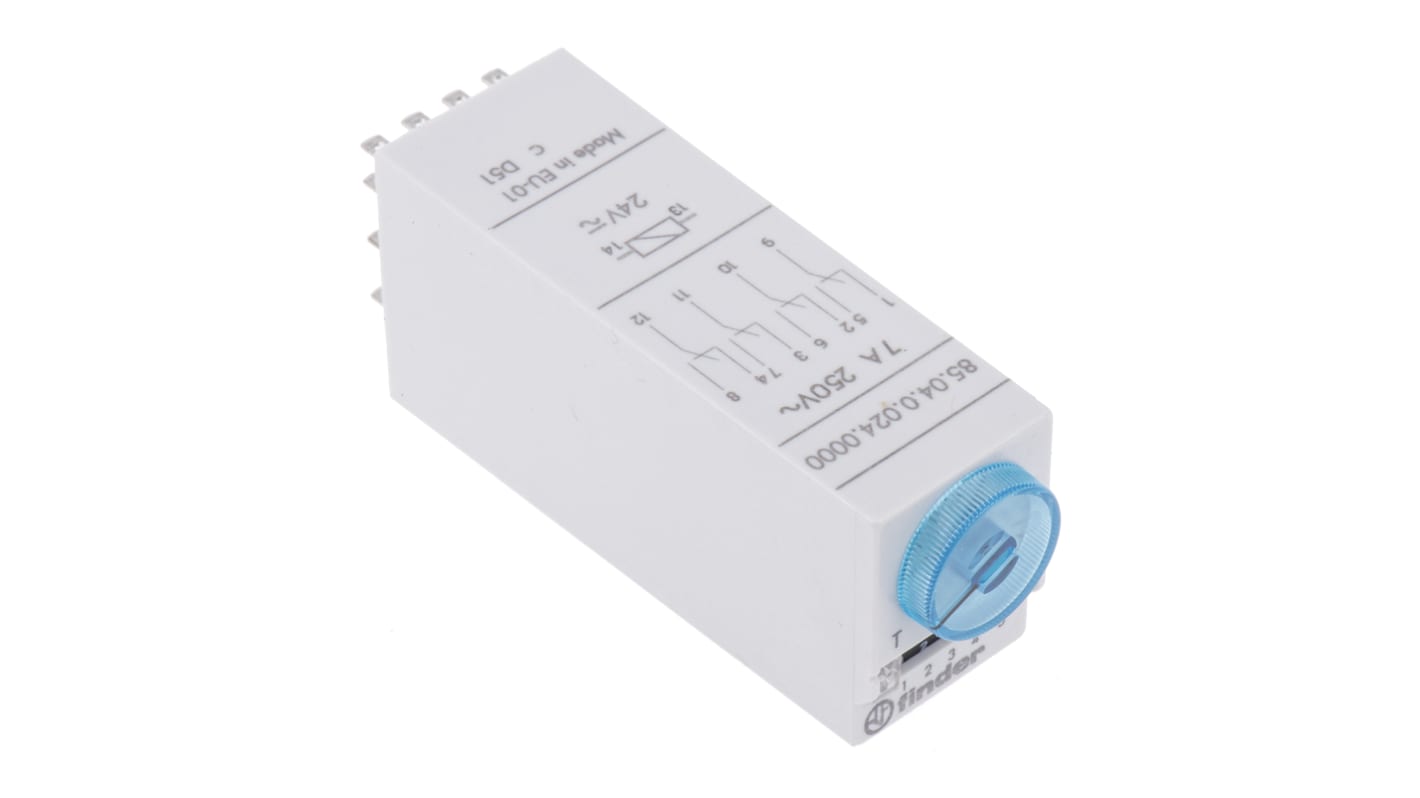 Finder, relè timer multifunzione 4 poli 4PDT, intervallo 0,05s-100h, montaggio a innesto, dimensioni 20,6x27,7x59,5 mm.