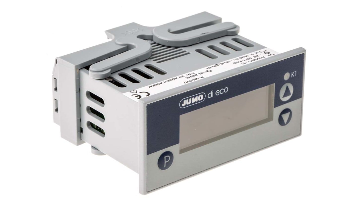 Jumo 701540/811-31, misuratore digitale da pannello con display LCD, alimentazione 12-24 Vdc, dimensioni 76mm x 36mm.