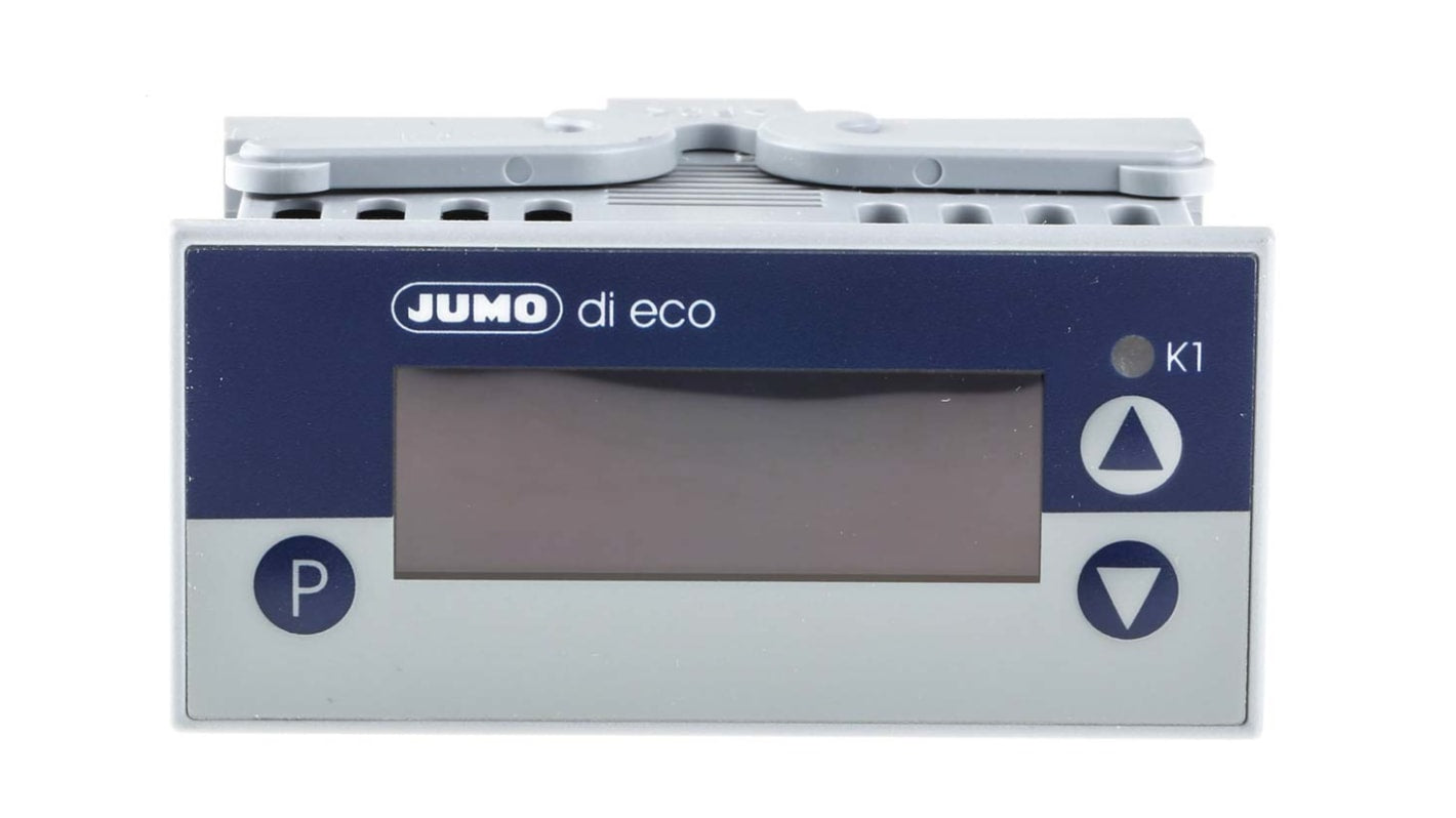 Jumo 701540/811-02, misuratore digitale da pannello con display LCD, alimentazione 230 V, dimensioni foro 36 x 76 mm.