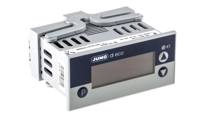 Jumo 701540/811-02, misuratore digitale da pannello con display LCD, alimentazione 230 V, dimensioni foro 36 x 76 mm.