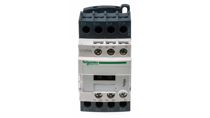 Contattore 4 poli Schneider Electric LC1DT20P7, tensione bobina 230 V c.a., corrente 20 A, montaggio su piastra, dimensioni 85x45x90 mm.