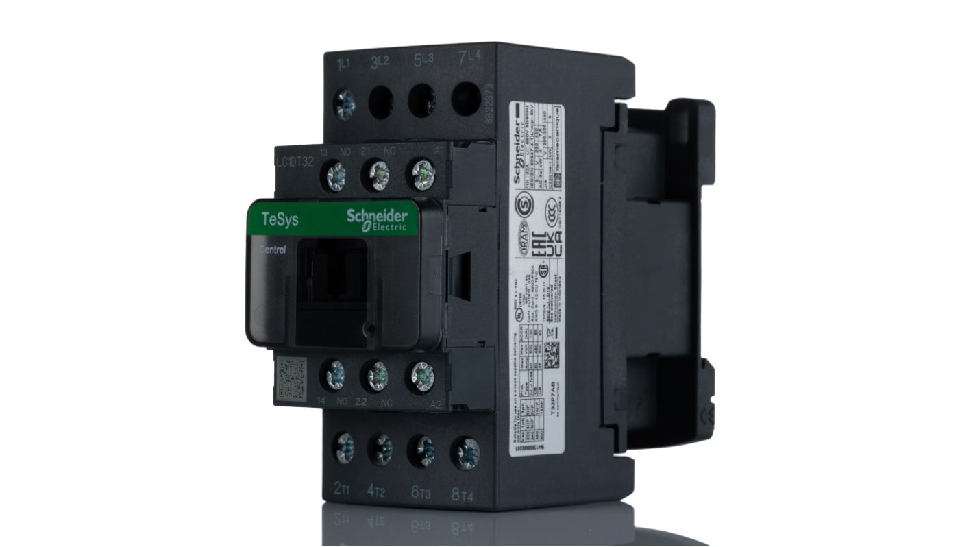Contattore Schneider Electric LC1DT32P7, 4 poli, 32 A, 230 V c.a., dimensioni 91 x 45 x 97 mm, grado di protezione IP20.