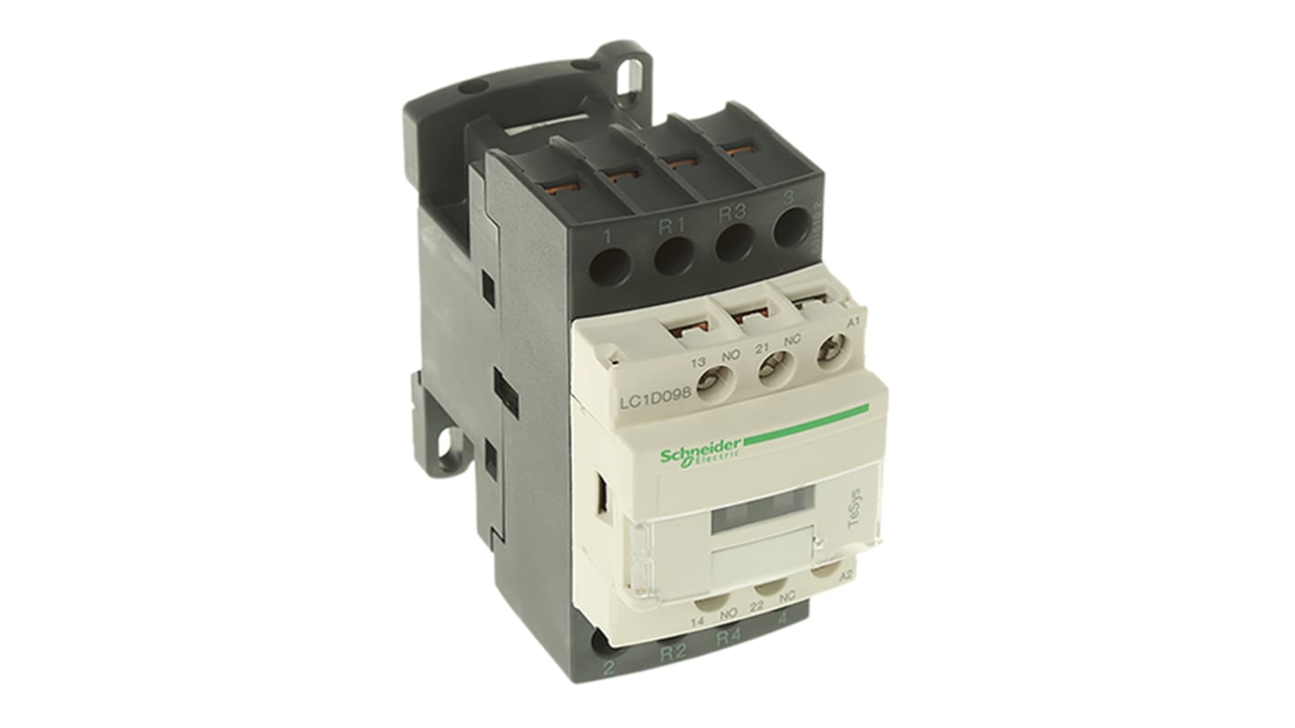 Contattore Schneider Electric LC1D098B7, 4 poli, 9 A, 24 V c.a., montaggio a pannello, dimensioni 45x85x90 mm, grado IP20.