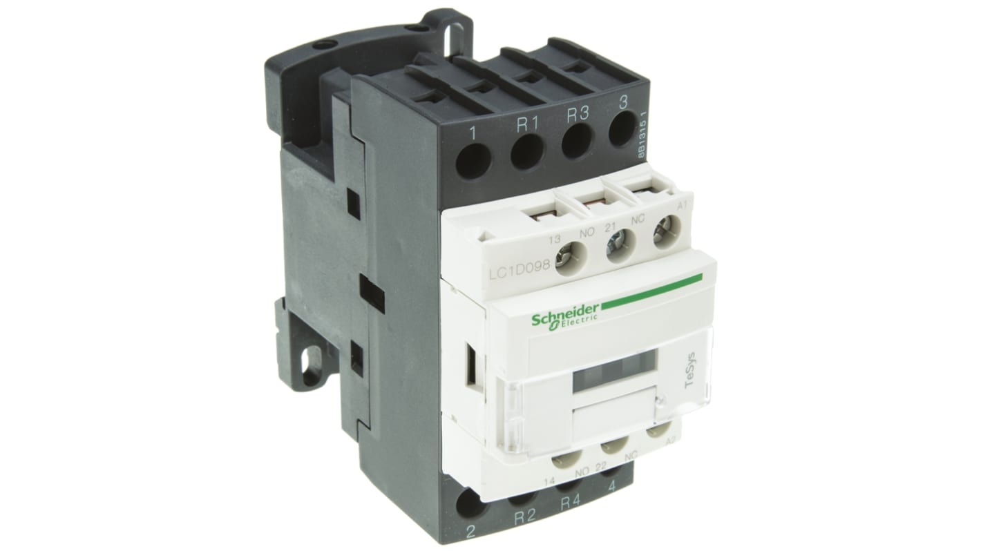 Contattore Schneider Electric LC1D098F7, 4 poli, 2 NO + 2 NC, bobina 110 V c.a., montaggio su guida DIN, dimensioni 45x85x90 mm.