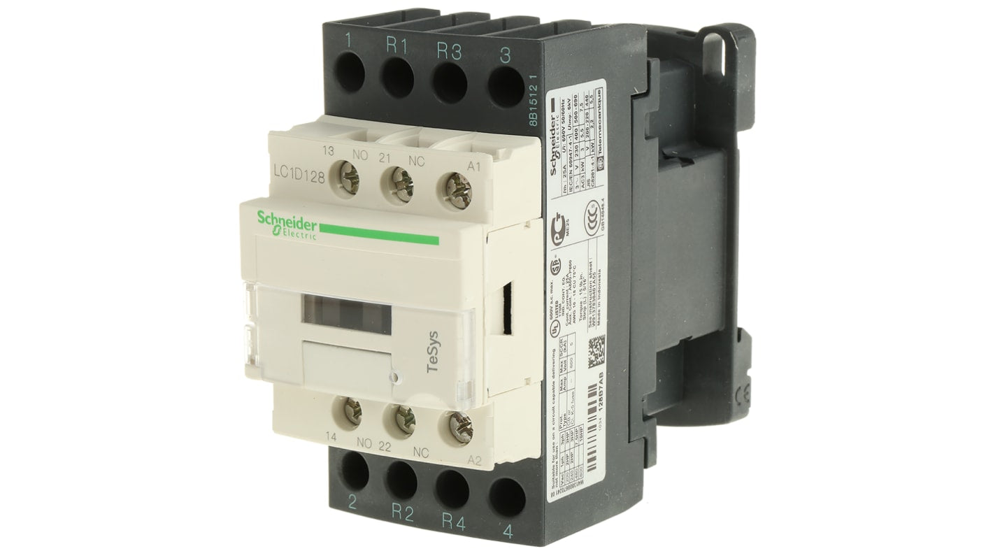 Contattore Schneider Electric LC1D128B7, 4 poli, 2 NO + 2 NC, montaggio su guida DIN, dimensioni 85x45x90 mm, corrente 25 A.