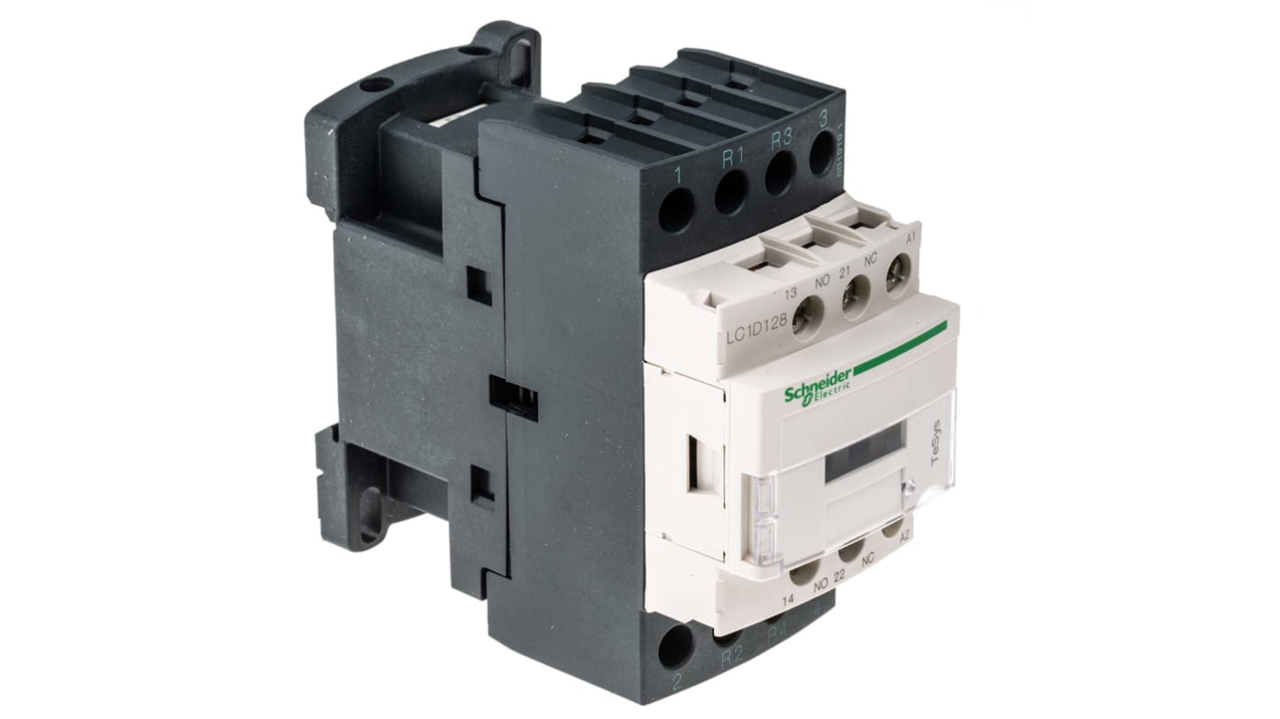 Contattore Schneider Electric LC1D128F7 a 4 poli, 12 A, 110 V c.a., montaggio su guida DIN, dimensioni 45x85x90 mm.