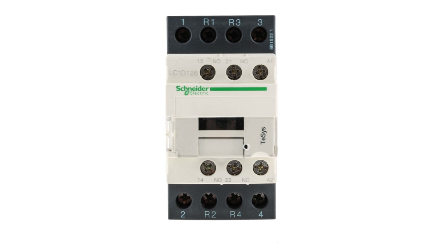 Contattore Schneider Electric LC1D128P7, 4 poli, 25 A, 230 V c.a., montaggio su guida DIN, dimensioni 85x45x90 mm.