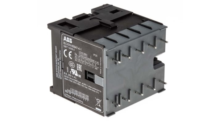 Contattore ABB BC6-30-01-P01, 3 poli, 6 A, bobina 24 V c.c., montaggio su guida, dimensioni 45,5 x 47,5 x 51,5 mm.