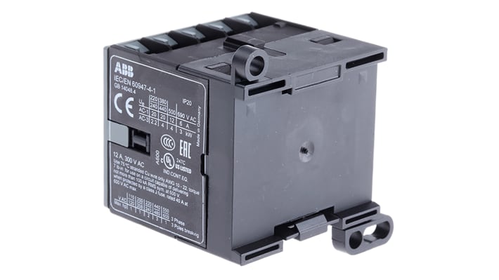 Relè contattore ABB GJL1213001R7101, serie B6, 3 poli, 20 A, bobina 24 V c.c., montaggio su guida DIN, dimensioni 57.5 x 52.5 x 46.5 mm.