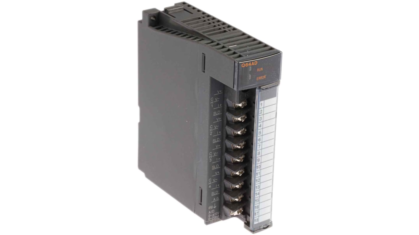 Modulo I/O Mitsubishi Electric Q64AD per PLC MELSEC Q, 4 canali analogici, dimensioni 98 x 27,4 x 90 mm, alimentazione 24VDC.