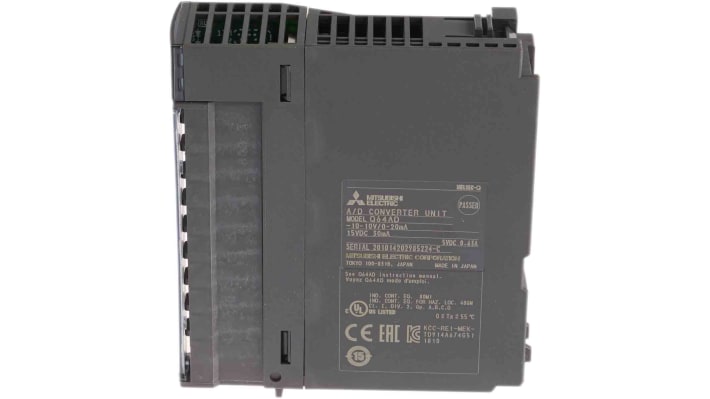 Modulo I/O Mitsubishi Electric Q64AD per PLC MELSEC Q, 4 canali analogici, dimensioni 98 x 27,4 x 90 mm, alimentazione 24VDC.
