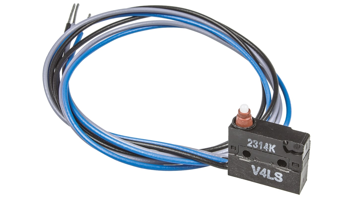 Microinterruttore Saia-Burgess 44710 SPDT, attivazione a scatto, 5 A a 250 V, IP67, pre-cablato, temperatura -40/+85 °C.