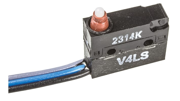 Microinterruttore Saia-Burgess 44710 SPDT, attivazione a scatto, 5 A a 250 V, IP67, pre-cablato, temperatura -40/+85 °C.