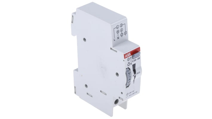 Pulsante temporizzatore ABB 2CDE110000R0501, per interruttori luce scala, intervallo 1-7 minuti, dimensioni 88x59 mm.