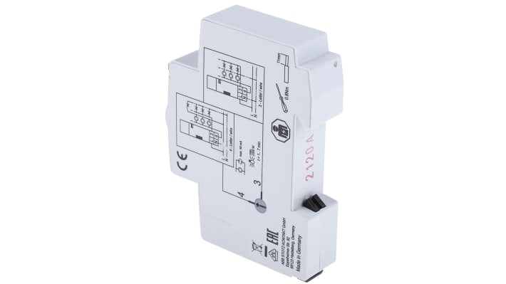 Pulsante temporizzatore ABB 2CDE110000R0501, per interruttori luce scala, intervallo 1-7 minuti, dimensioni 88x59 mm.