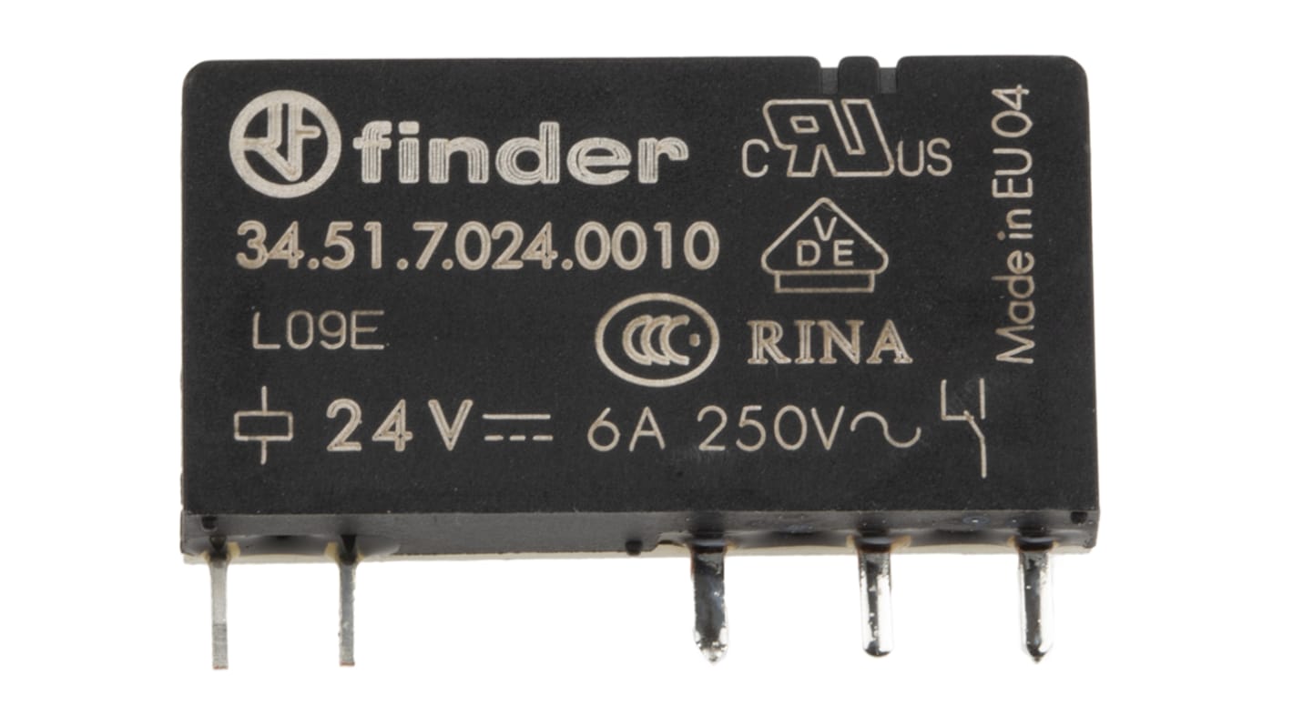 Finder 34.51.7.024.0010, relè di potenza SPDT 24V cc, ultrasottile 5 mm, montaggio su PCB, dimensioni 28x15 mm.