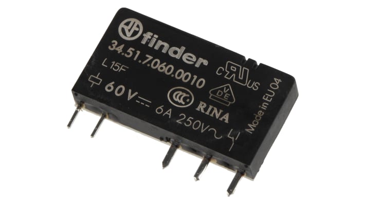 Finder 34.51.7.060.0010, relè di potenza SPDT ultrasottile 5 mm, montaggio su PCB, 6A, 400V ca, isolamento 6 kV.