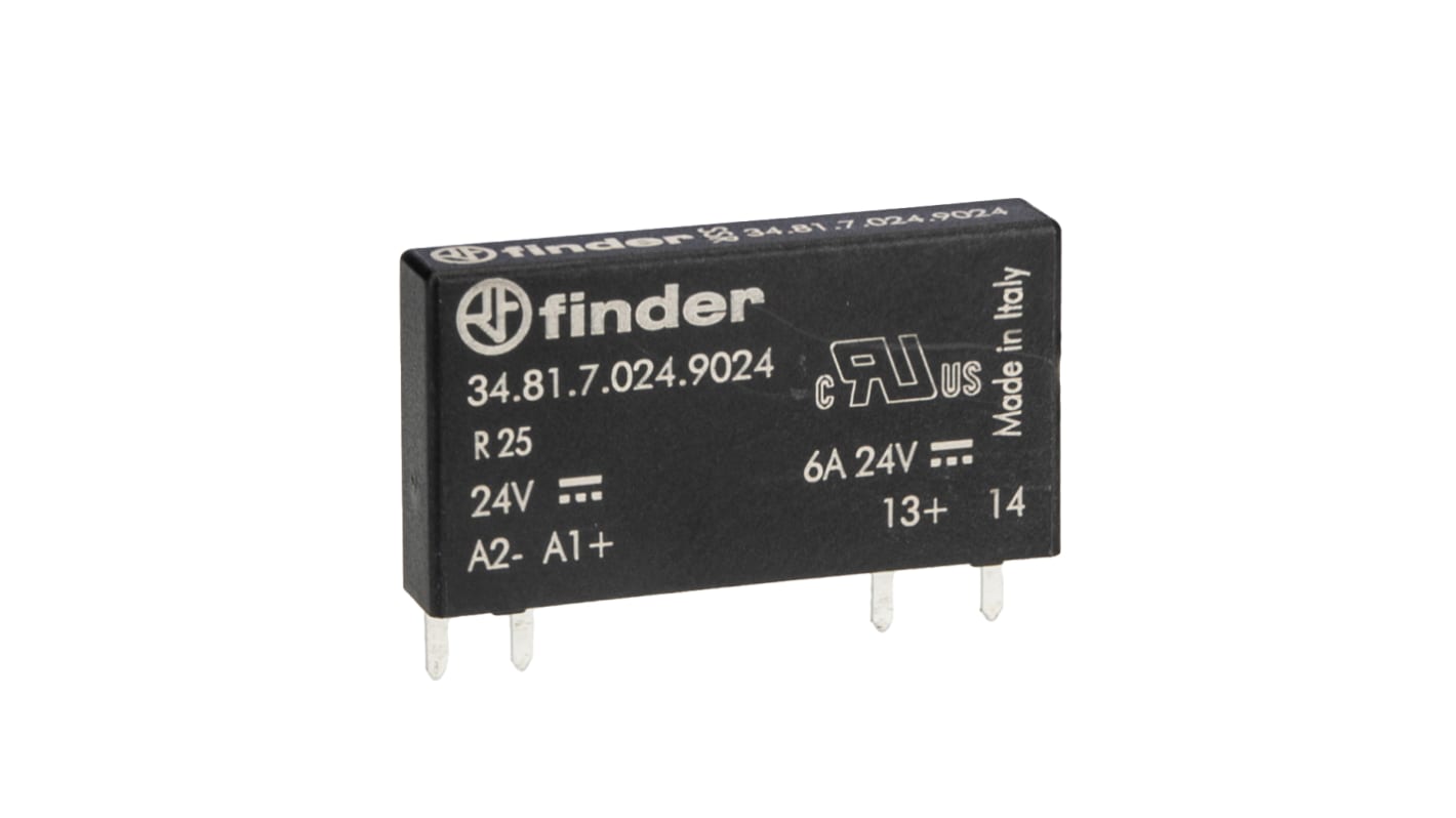 Finder 34.81.7.024.9024, relè a stato solido ultrasottile per circuito stampato, 6 A, 24 V c.c., dimensioni 28 x 15 x 5 mm.