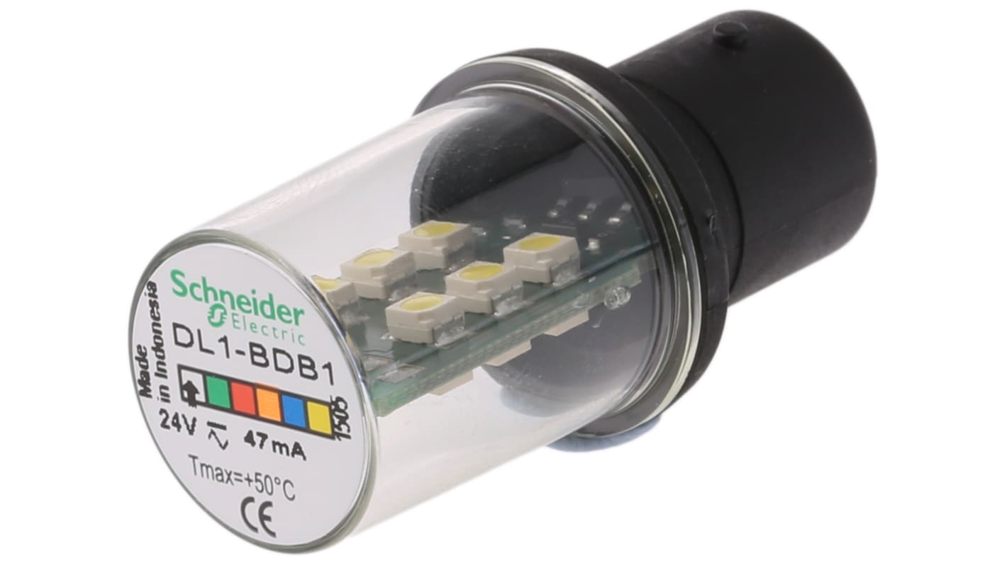 Lampadina LED Schneider Electric DL1BDB1 per torretta XVPC. Bianco, 80 mA, 24V c.a./c.c. Alta luminosità e protezione IP65. Ideale per ambienti industriali.