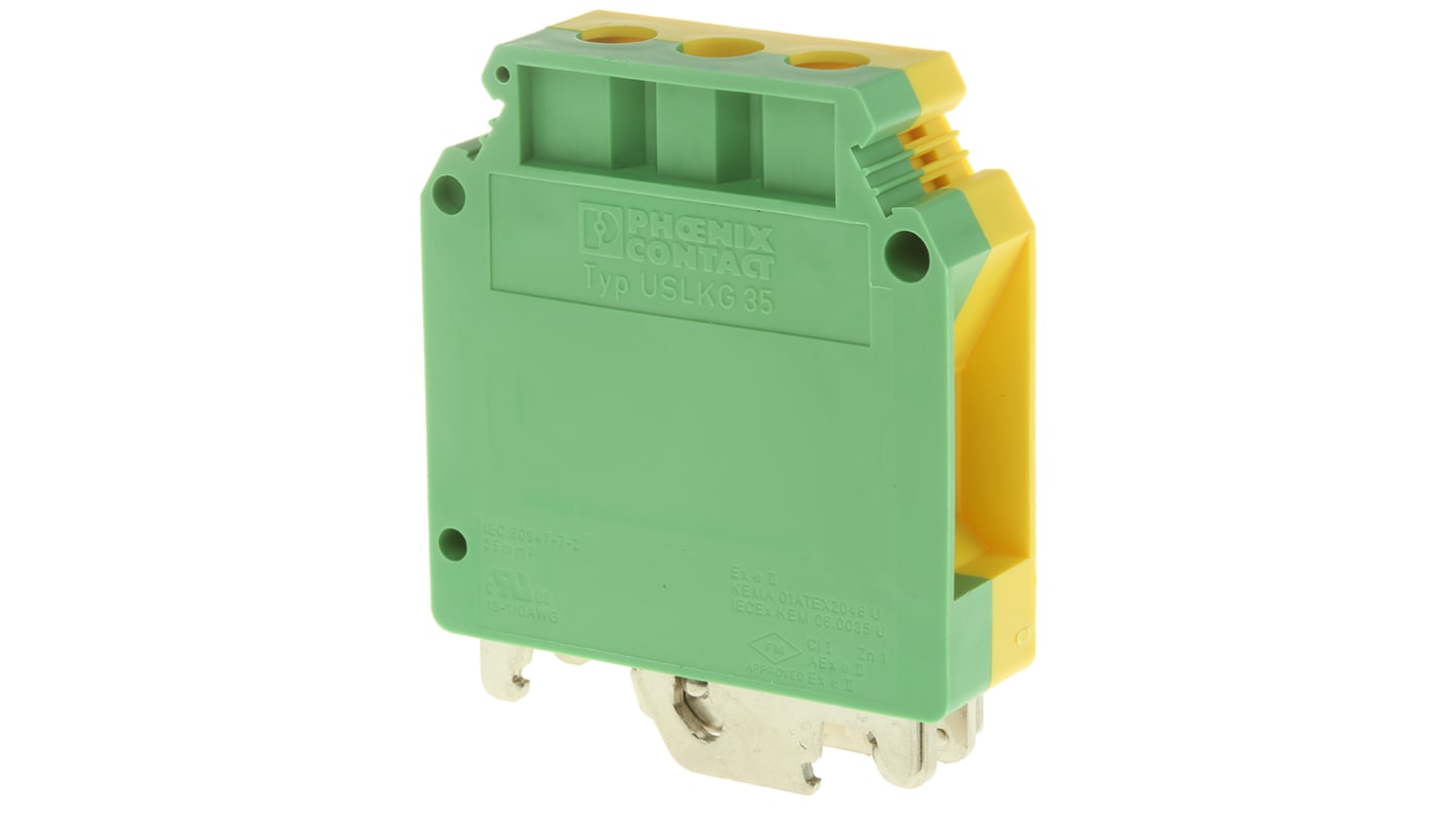 Morsettiera di terra Phoenix Contact USLKG 35, 150A, 750V, 18-0 AWG - Protezione sovratensioni, certificazione ATEX, montaggio DIN.