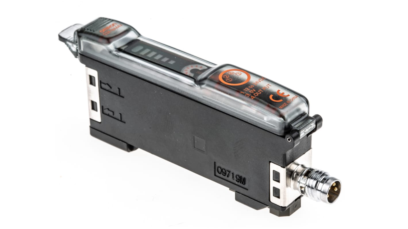 Sensore a fibre ottiche PNP Omron E3XNA44V, dimensioni 89,7 x 12 x 36,9 mm, alimentazione 12-24 V c.c., LED rosso.